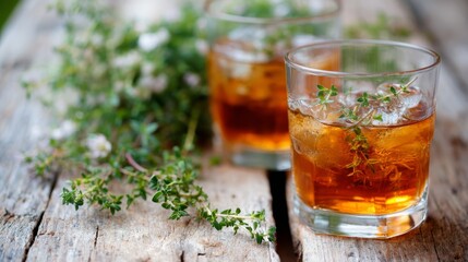 Two glass tumblers filled with iced herbal tea showcase a rustic, casual setting on a weathered wooden surface, inviting a refreshing moment