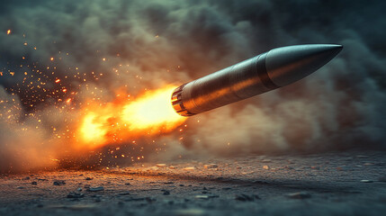 Hypersonic missile in high-speed flight, captured with dynamic motion blur. Symbolizes advanced military technology, speed, power, and precision in a sleek, futuristic defense visualization.

