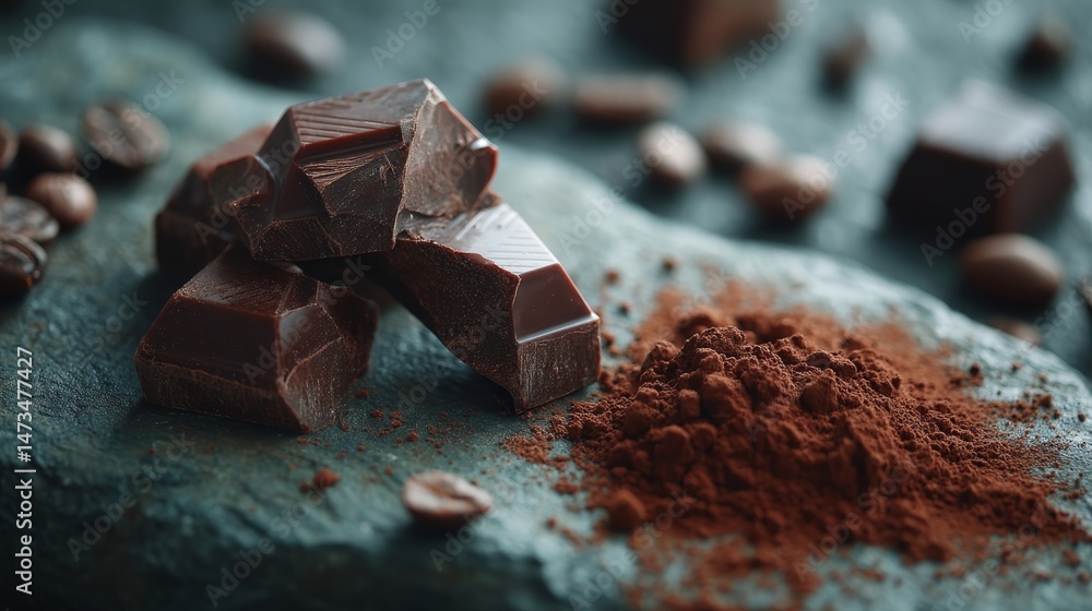 Poster broken pieces of rich chocolate rest beside mounds of cocoa powder on a rough stone slab, illuminate