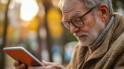 Obraz premium Elderly Man with Glasses Uses a Tablet in the Outdoors