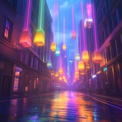 Vibrant Neon Cityscape: Futuristic Urban Landscape at Night with Colorful Lights and Digital Reflections