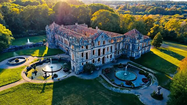 Aerial View of the Ruins of a Majestic Ch?teau at Golden Hour