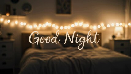 Good night text message on bedroom interior for sleep concept. Cozy home with bed and string lights background for positive emotion, relaxation. - Powered by Adobe