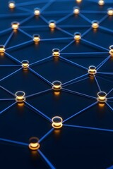A network of glowing orbs connected by thin blue lines against a dark blue background