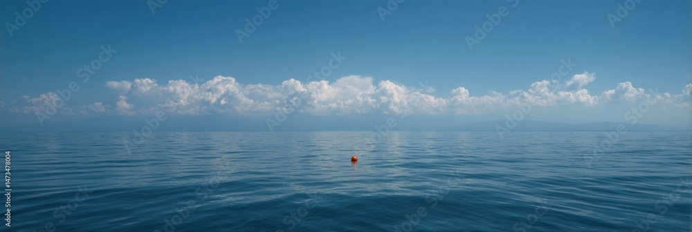 Poster floating fish gliding serenely in a vast ocean under a clear sky with gentle waves and tranquil clou