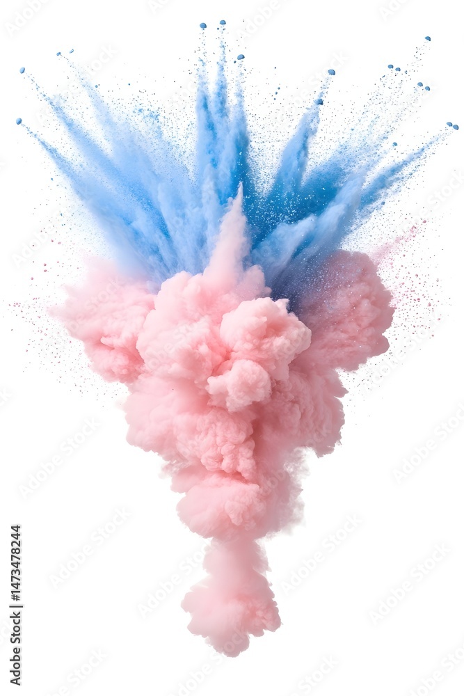 Poster a vibrant explosion of pink and blue paint, creating a dynamic and abstract shape against a white ba