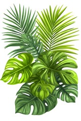 A vibrant cluster of tropical leaves, showcasing the distinctive shapes and textures of palm and monstera foliage