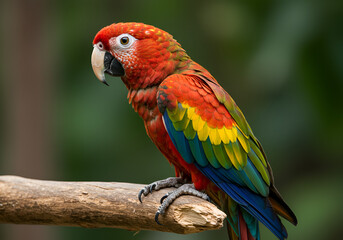 Obraz premium Tropical Parrot with Colorful Feathers Perched in Lush Jungle – Realistic Wildlife Scene 