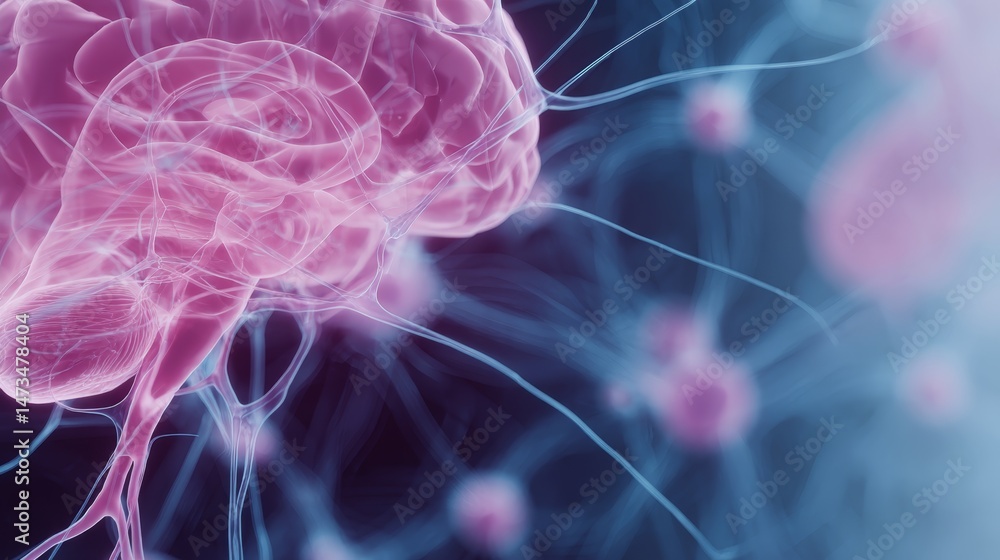 Poster This artwork showcases a brain illustration with semi-surface layers revealing internal channels and nodes with highlighted activity on a gradient backdrop