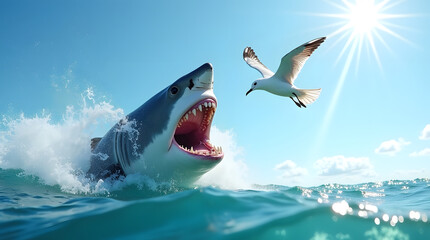 A great white shark jump from the sea to bite a seagull