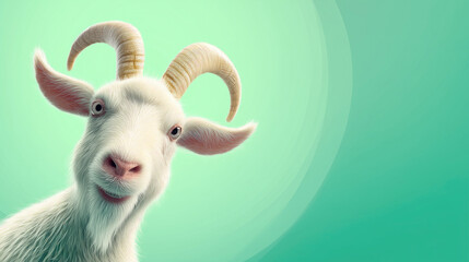Obraz premium A cheerful white goat with curved horns peeks from the left, against a soft green backdrop