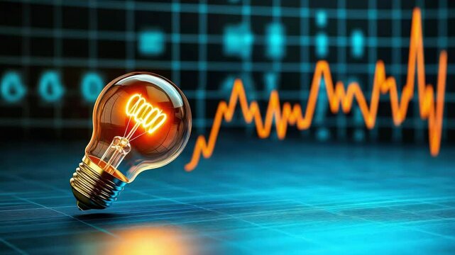 A glowing light bulb on a blue background, with an upward graph line representing growth or innovation.