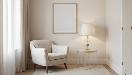 Cozy minimalist nook featuring a boucle armchair, translucent side table, and artistic lamp in soft neutral hues for a serene, modern vibe.