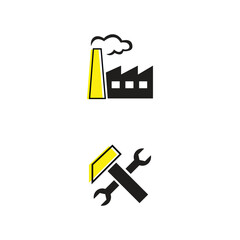 Vector icon collection of factory designs, including machinery, automation, production, and industry elements in a clean style