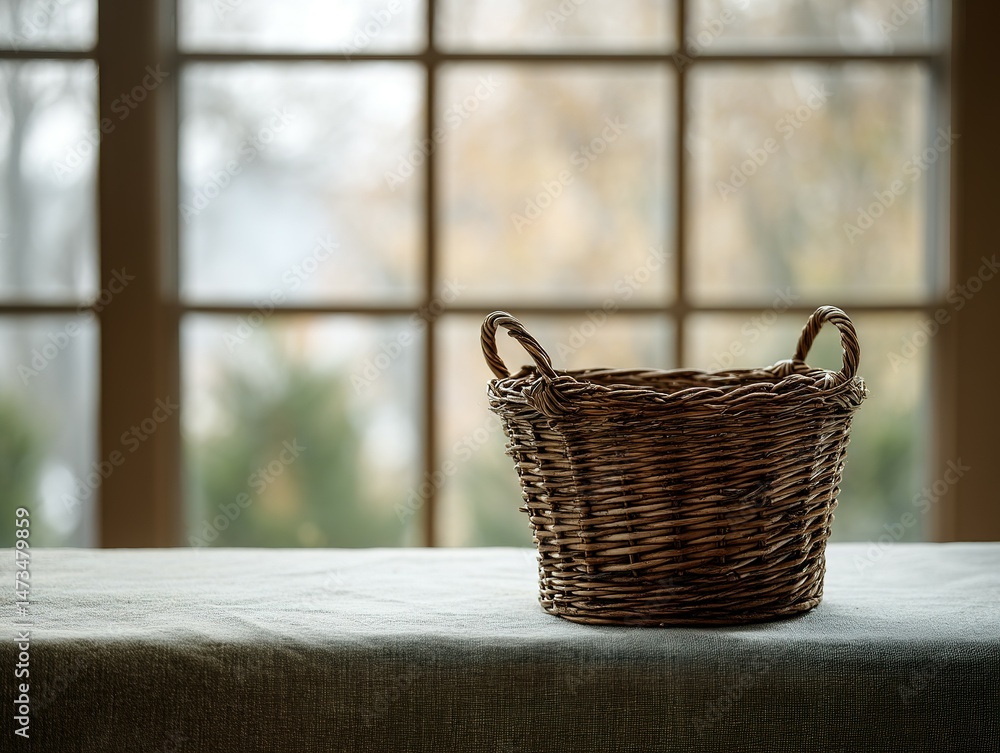 Poster empty wicker basket sits on a table by a window.