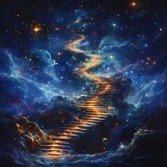 Ethereal Staircase to the Stars: A Dreamlike Cosmic Journey through a Vibrant Celestial World