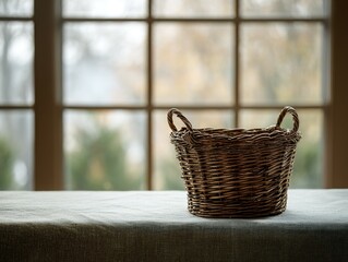 Fototapeta premium Empty wicker basket sits on a table by a window.