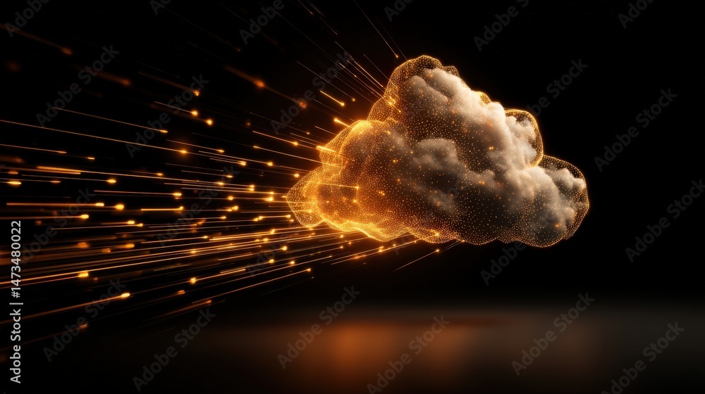 Poster a glowing digital cloud with dynamic light trails represents advanced technology and fast data trans