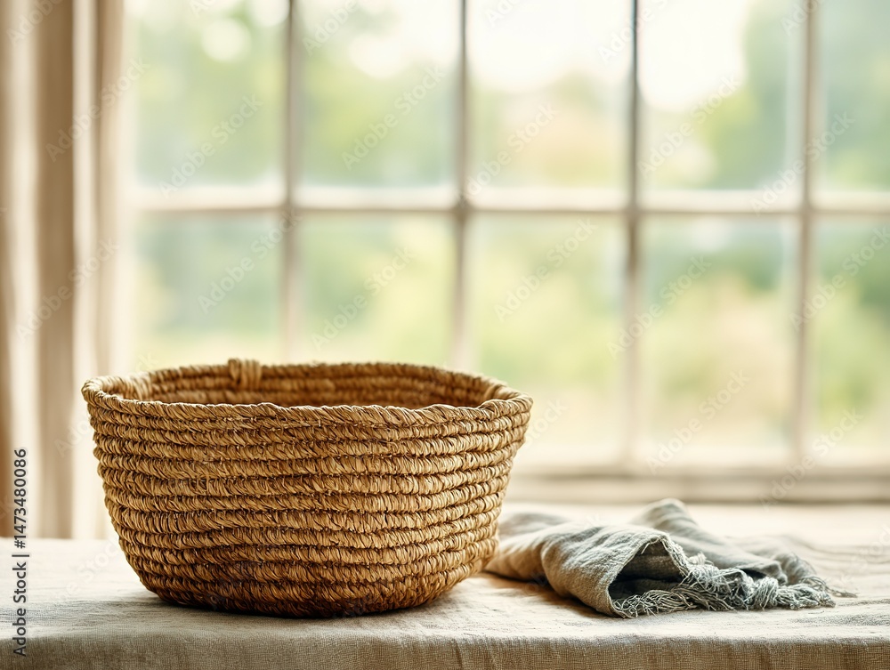 Poster empty straw basket on a table near a window.