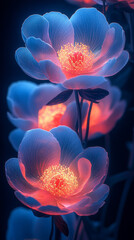Glowing light baby blue peony flowers illuminated with ethereal spectrum light effects. Symbolizes beauty, purity, and serenity in a dreamy, artistic floral composition with soft glowing hues.

