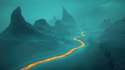 Mysterious Landscape with Glowing Lava River and Rugged Mountains in Ethereal Atmosphere