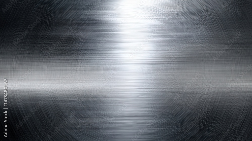 Poster brushed metal texture with concentric circular patterns and a reflective silver surface.