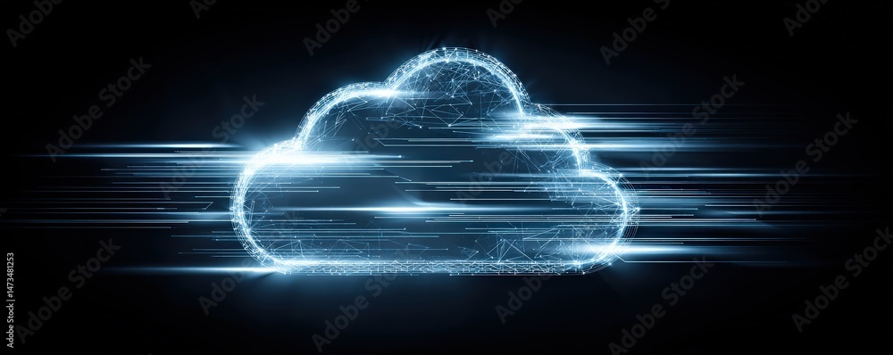 Poster a glowing digital cloud with fast-moving light streaks on a dark background, symbolizing cloud compu