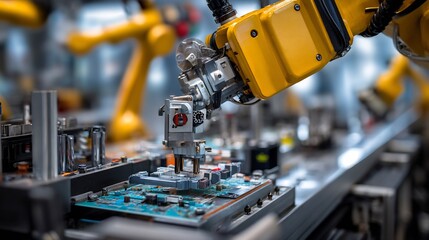 Automated electronic board assembly with robotic arm in a modern factory