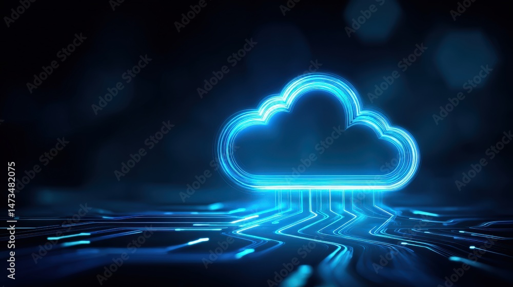Aufkleber a glowing blue digital cloud symbol hovers over a circuit-like surface, representing cloud computing