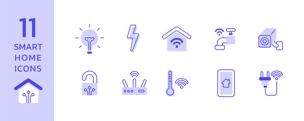 Smart Home Icons Collection in Cute Minimal Dual Tone Lined Style Tech Icon set representing Innovation of Automation Utilities Technology for Everyday Live in House. Editable Stroke.