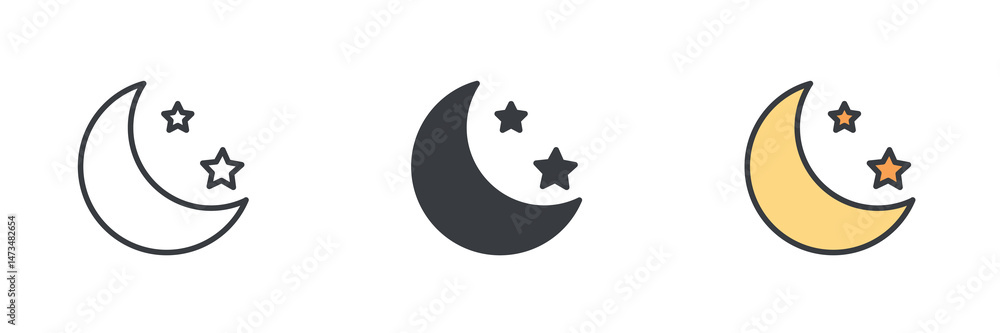 Poster crescent moon with two stars different style icon set