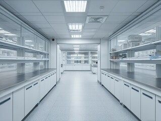 Empty laboratory corridor with modern shelving and counters.