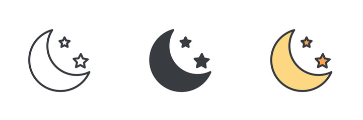 Crescent moon with two stars different style icon set