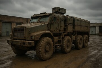 Fototapeta premium Heavily armored military vehicle, off-road rugged defense truck