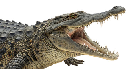 Obraz premium Crocodile with jaws wide open showing sharp teeth, realistic texture and detail, isolated on transparent background, AI Generative