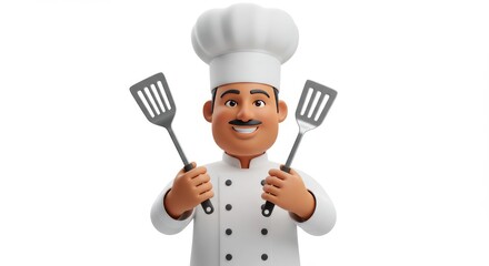 Cartoon Chef Holding Spatulas Illustration
