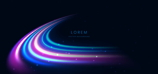 Obraz premium Blue and pink glowing ray curved light on dark background with copy space for text.