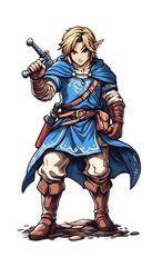 Obraz premium A blonde-haired hero with a blue tunic and brown boots, wielding a sword and holding a sheath on his hip