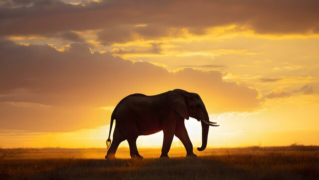 Close up the elephant walking in savana silhouette sunset.