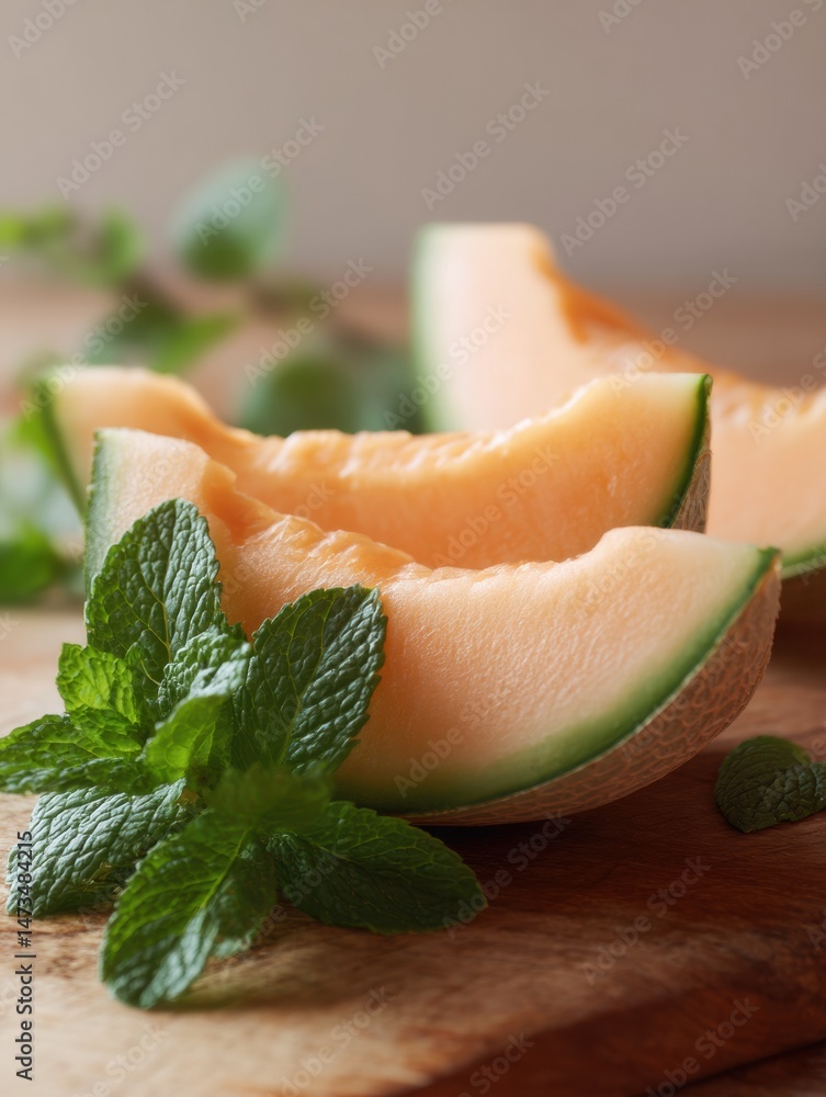 Aufkleber freshly sliced melon with mint leaves arranged on a wooden table, creating a refreshing and vibrant 