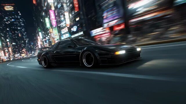 Blockbuster action shot of a car race. Fast 80s-style supercar speeding through a city street with a fiery explosion behind, captured in dynamic cinematic motion. Generated AI