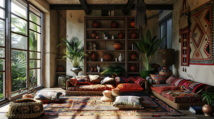 Bohemian room beautiful design with patterned cushions and open shelves