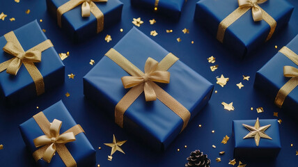 An elegant composition of gift boxes wrapped in deep blue paper with shiny gold ribbons arranged on a rich blue background. The scene includes gold star decorations and scattered gold confetti, enhan