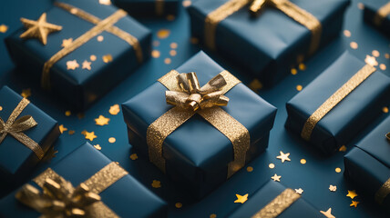 An elegant composition of gift boxes wrapped in deep blue paper with shiny gold ribbons arranged on a rich blue background. The scene includes gold star decorations and scattered gold confetti, enhan