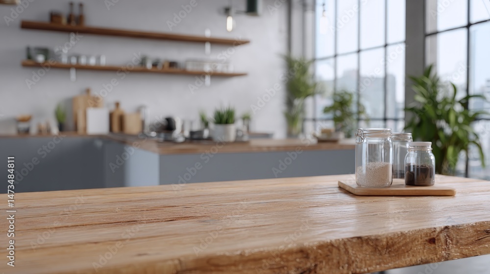Poster softly illuminated kitchen background highlights a clean wooden tabletop with jars, creating a seren
