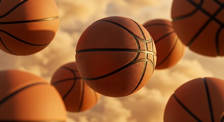 Obraz premium Basketballs floating against ethereal, soft-cloud background. Focus on one.