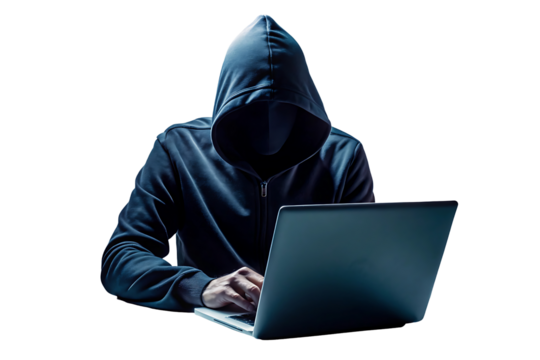 Mysterious hooded figure faceless hacker, Isolated on a Transparent Background