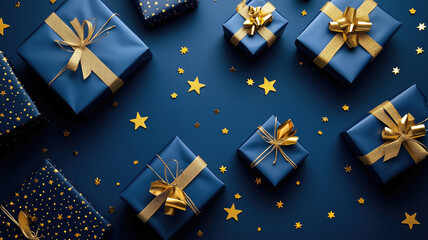 An elegant composition of gift boxes wrapped in deep blue paper with shiny gold ribbons arranged on a rich blue background. The scene includes gold star decorations and scattered gold confetti, enhan
