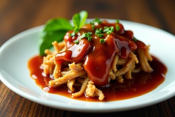 Tender pulled pork coated in rich sauce on a simple white dish, dinner, dinnerware
