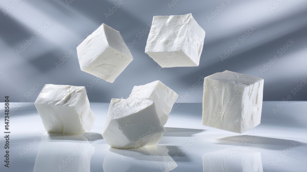 Poster Five cubes of pale cheese are suspended in mid-air, showcasing their clean lines and texture against a minimalist background reflecting soft light